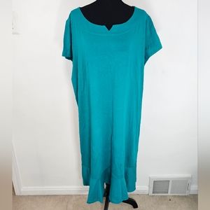 Lands End Teal Green Short Sleeve Notched Scoop Neck Ruffle Shift Dress